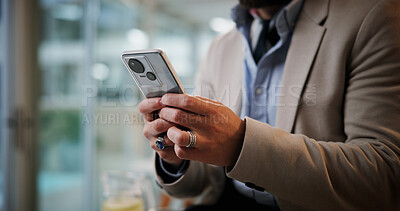 Buy stock photo Business man, cellphone and hands in office for communication, contact or company email access. Male employee, technology and scroll for corporate feedback, social media and search on internet