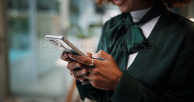 Buy stock photo Business woman, cellphone and hands typing in office for communication, contact or fashion inspiration. Female designer, tech and scroll for design feedback, social media and search on internet