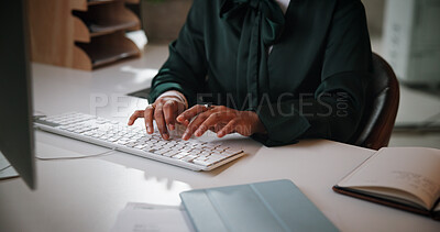 Buy stock photo Business woman, hands and typing on computer in office for news publication, article editing and research process. Closeup, journalist and technology for writing story, proofreading blog and feedback