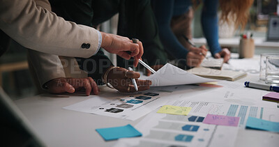 Buy stock photo Night, business or hands of people with paper for planning, campaign management or pointing in office. Company team, workshop or sticky notes in workplace with documents, problem solving or late task