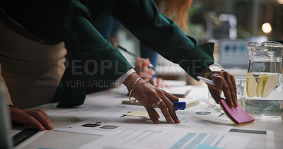 Buy stock photo Night, business and hands of people with paperwork for planning, campaign management and agenda in office. Company team, workshop and sticky notes in workplace with documents, meeting and late tasks