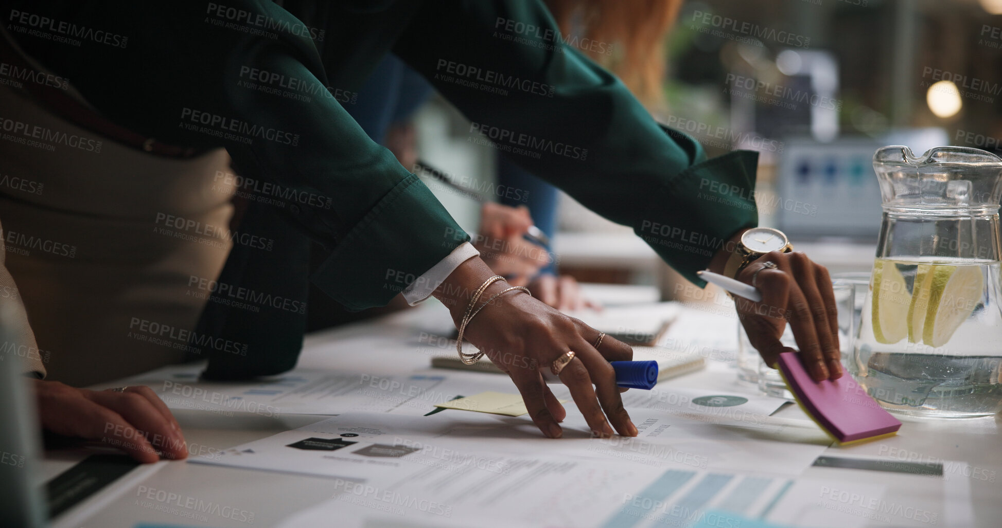 Buy stock photo Night, business and hands of people with paperwork for planning, campaign management and agenda in office. Company team, workshop and sticky notes in workplace with documents, meeting and late tasks