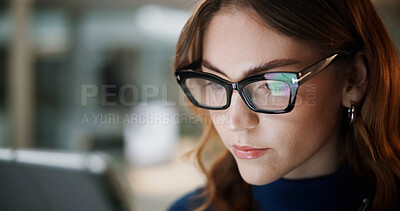 Buy stock photo News, reading or businesswoman with glasses with tablet for accounting online, economy and finance. Accountant, check or financial advisor with technology for revenue, research and investment update