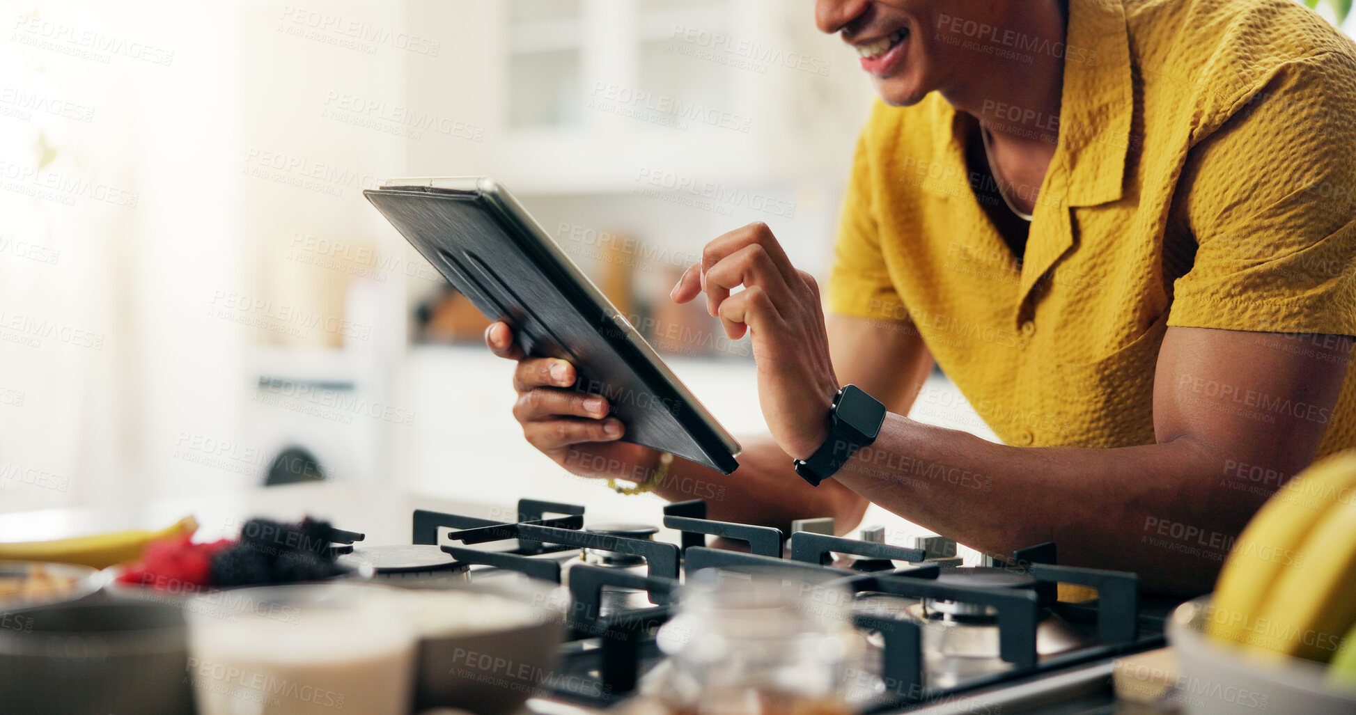 Buy stock photo Tablet, kitchen and hands of man with recipe online for cooking healthy, wellness or diet dinner. Technology, research and person on app for supper preparation tutorial or instructions in home.