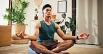 Man, lotus pose and yoga at house for meditation, zen balance and breathing for mindfulness. Male person, eyes closed and routine of pilates for morning peace, spiritual healing and holistic wellness