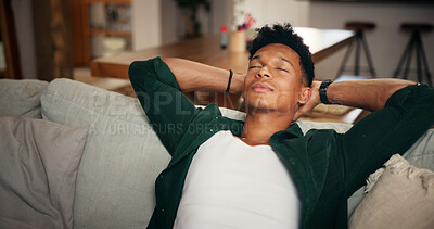 Buy stock photo Man, relax and calm on sofa with sleeping, mindfulness or eye closed for wellness on living room couch. Peace, resting and male person in lounge for dream, asleep or lazy weekend with break in house