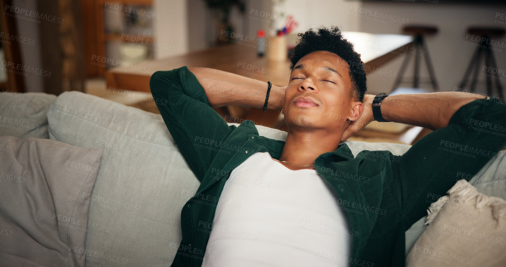 Buy stock photo Man, relax and calm on sofa with sleeping, mindfulness or eye closed for wellness on living room couch. Peace, resting and male person in lounge for dream, asleep or lazy weekend with break in house