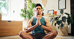 Man, namaste and meditation for yoga at house for fitness, zen balance and mindfulness in lounge. Male person, eyes closed and chakra routine of morning peace, spiritual healing and holistic wellness