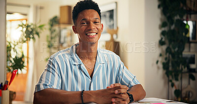 Buy stock photo Happy, confident and portrait of man in office with creative career in journalism with ambition. Smile, professional and face of copywriter from Colombia with pride for project at magazine agency.