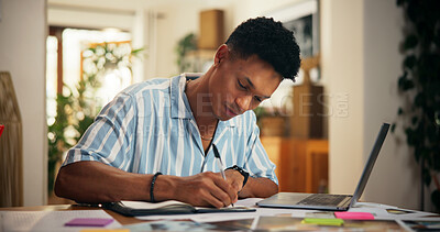 Buy stock photo Remote work, planning and man writing in diary for reminder, deadline update and time management. Goals, objective and freelancer with schedule for tasks, appointment date or notes planner for agenda