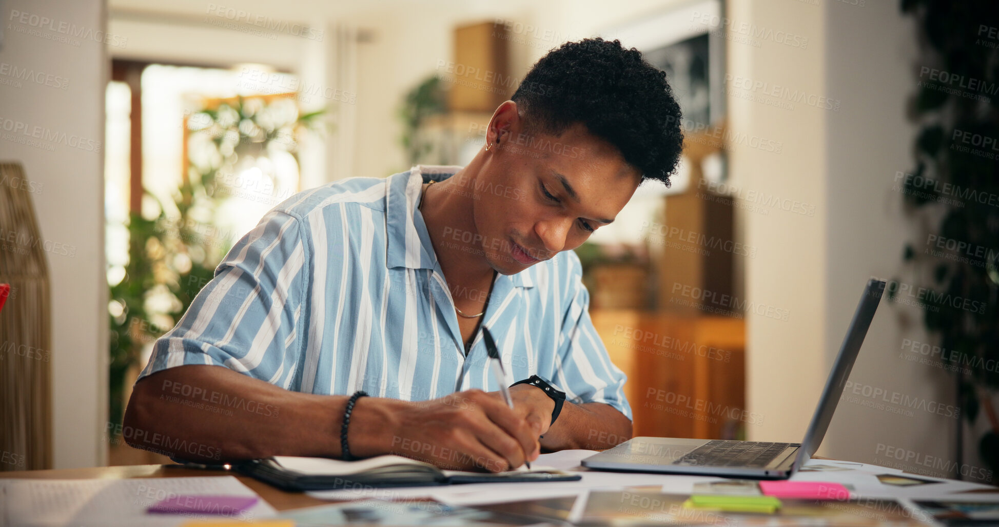 Buy stock photo Remote work, planning and man writing in diary for reminder, deadline update and time management. Goals, objective and freelancer with schedule for tasks, appointment date or notes planner for agenda
