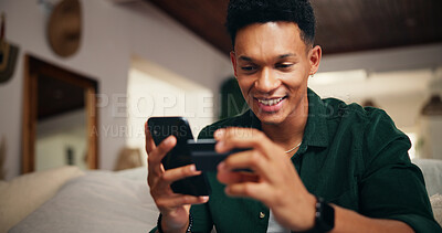 Buy stock photo Credit card, phone and relax with man on sofa for online shopping, digital payment or fintech. Internet banking, account password and customer purchase with person in living room of home for order