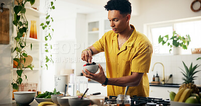 Buy stock photo Berries, bowl and food with man in kitchen of home for hobby, meal prep or nutrition. Cooking, fruit and recipe with person at apartment in morning for breakfast, diet or health as culinary chef