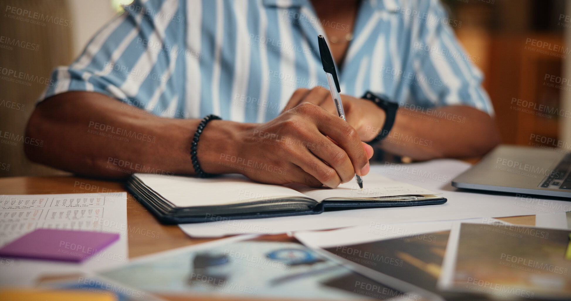 Buy stock photo Man, planning and hands writing in dairy for reminder, deadline update and time management. Goals, objective and closeup of notebook schedule for tasks, appointment date and notes planner for agenda
