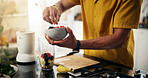 Berries, blender and hands with person in kitchen of home for preparation of healthy fruit smoothie. Cooking, diet and nutrition with man at counter in apartment for beverage, detox or weight loss