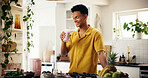 Man, smile and smoothie in kitchen for detox, healthy diet or meal replacement recipe for wellness. Nutritionist, happy or drink in  home for gut health, vitamin boost or fresh fruit in protein shake