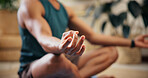 Hands, man and lotus for yoga at house for meditation, zen balance and breathing for mindfulness. Male person, pilates and fitness exercise for morning peace, spiritual healing and holistic wellness