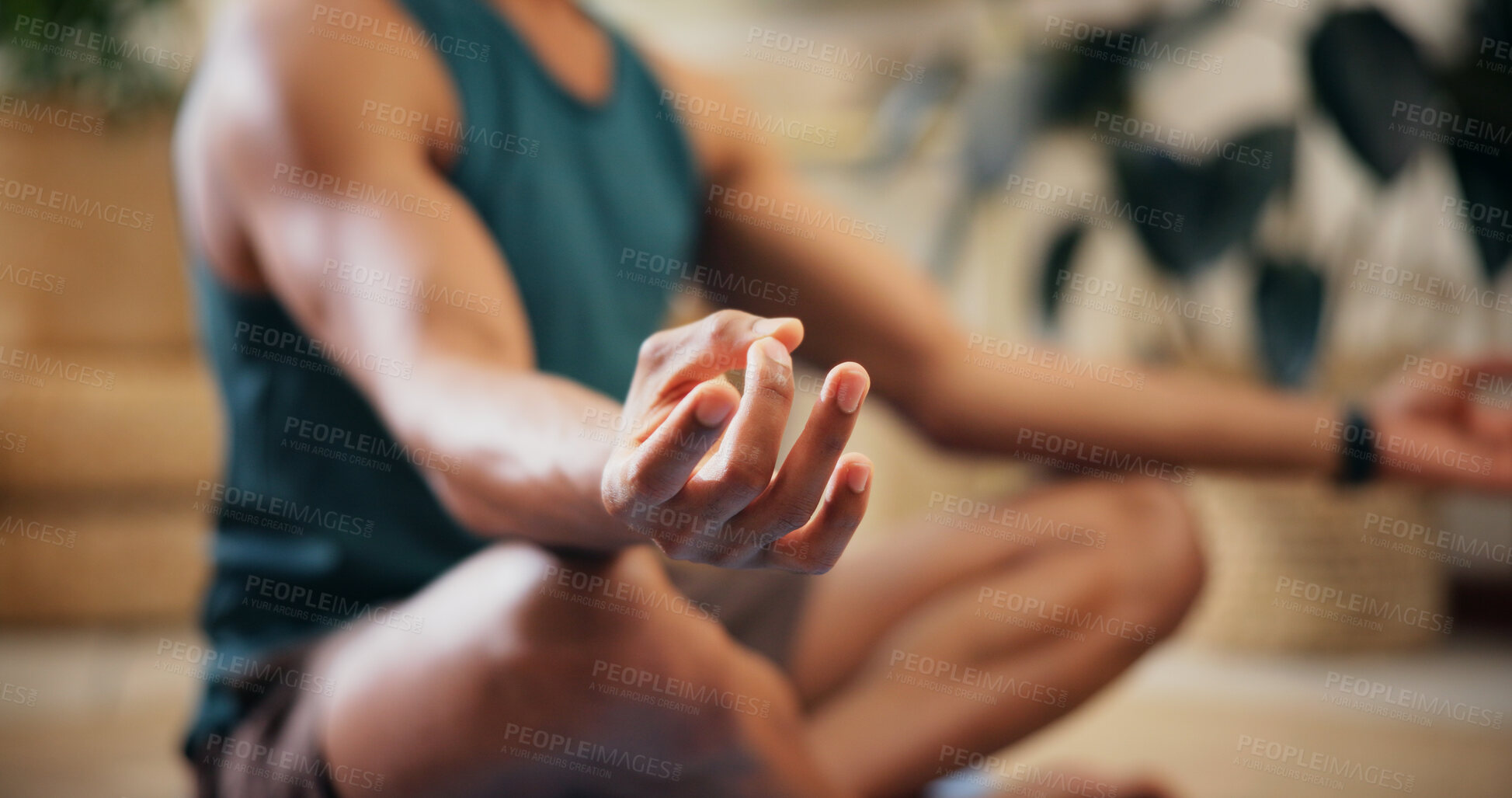 Buy stock photo Hands, man and lotus for yoga at house for meditation, zen balance and breathing for mindfulness. Male person, pilates and fitness exercise for morning peace, spiritual healing and holistic wellness