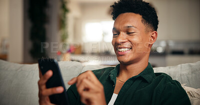 Buy stock photo Relax, smile and phone with man on sofa for social media, movie platform and streaming service. Happiness, entertainment app and subscription with person in living room at home for multimedia search