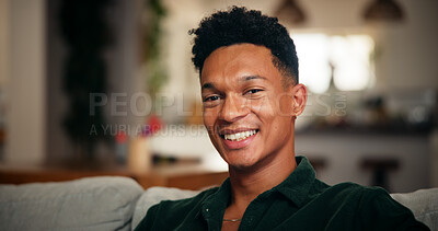 Buy stock photo Man, smile and portrait in living room of home, relax with pride and good mood on day off or weekend break. Satisfied, confident and male person with happiness for holiday at house and chill on sofa