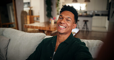 Buy stock photo Man, laugh and selfie in home for social media, influencer or content creation for happiness in picture. Live stream, followers and person with funny memory, update or post for photography portrait
