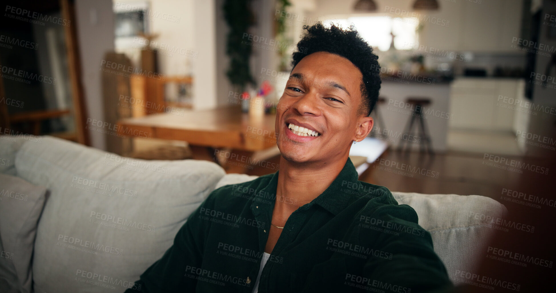 Buy stock photo Man, laugh and selfie in home for social media, influencer or content creation for happiness in picture. Live stream, followers and person with funny memory, update or post for photography portrait