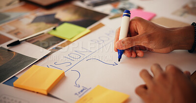 Buy stock photo Hands, person and writing on vision board in home for planning goals, aspirations and manifestation. Poster, pictures and sticky notes for inspiration, progress tracking and personal development