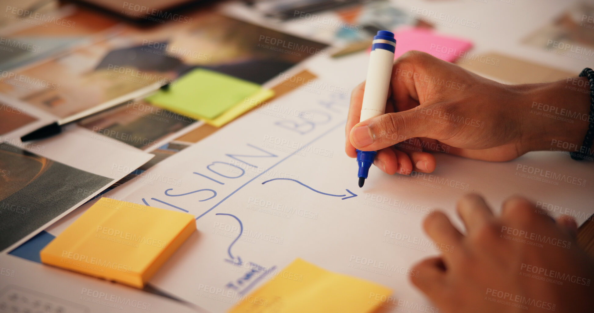 Buy stock photo Hands, person and writing on vision board in home for planning goals, aspirations and manifestation. Poster, pictures and sticky notes for inspiration, progress tracking and personal development