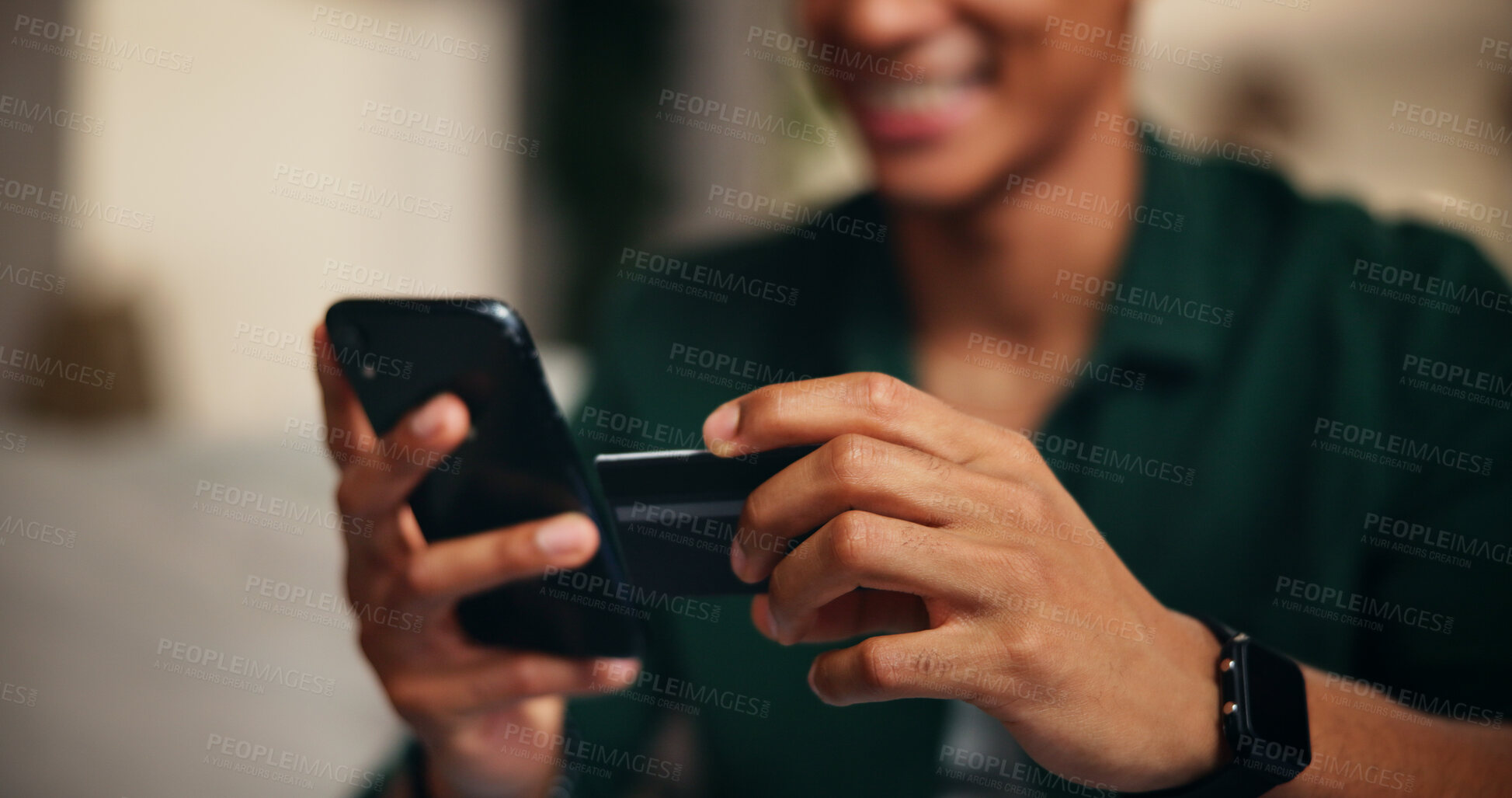 Buy stock photo Credit card, phone and hands of man on sofa for online shopping, digital payment or fintech. Internet banking, account password and customer purchase with closeup of person in living room of home