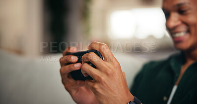 Buy stock photo Gaming, phone and hands of man on sofa for esports streaming, cyber sport league and relax. Happiness, gamer app and subscription platform with person in living room of home for online tournament