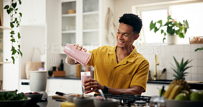 Buy stock photo Smoothie, health and man in kitchen in home for liquid diet with breakfast, nutrition or wellness. Beverage, detox and person with fruit drink for vitamins, snack or protein shake in apartment.