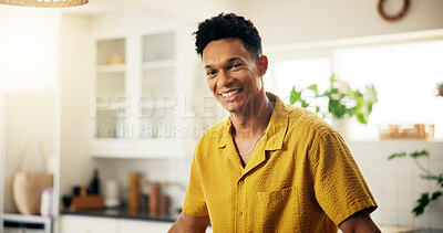 Buy stock photo Confidence, kitchen and portrait of happy man in home with chef skills and practice for cooking. Satisfaction, smile and proud male person in Colombia with positive attitude in apartment for baking