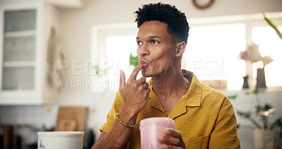 Buy stock photo Blender, man and taste smoothie in kitchen for breakfast shake flavor, meal replacement and nutrition. Diet control, fitness person and supplement drink in home for morning detox, wellness and health