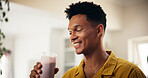 Man, happy and smoothie in kitchen for detox, healthy diet or meal replacement recipe for wellness. Nutritionist, smile or drink in  home for gut health, vitamin boost or fresh fruit in protein shake