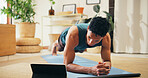 Man, tablet and fitness tutorial for plank exercise, online course or balance with strong core muscle. Streaming, lounge and male person in virtual class for abs, workout program or training in home