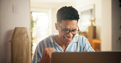 Buy stock photo Laptop, freelancer and fist pump with man in home for virtual assistant, appointment success and client deal. Remote worker, achievement and research with person for feedback, bonus and good news