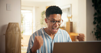 Buy stock photo Laptop, freelancer and excited with man in home for virtual assistant, appointment success and client deal. Remote worker, achievement and research with person for feedback, bonus and good news