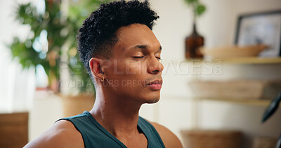 Buy stock photo Man, calm and breathing for yoga at house for meditation, zen balance and mindfulness in lounge. Male person, eyes closed and chakra practice of morning peace, spiritual healing and holistic wellness