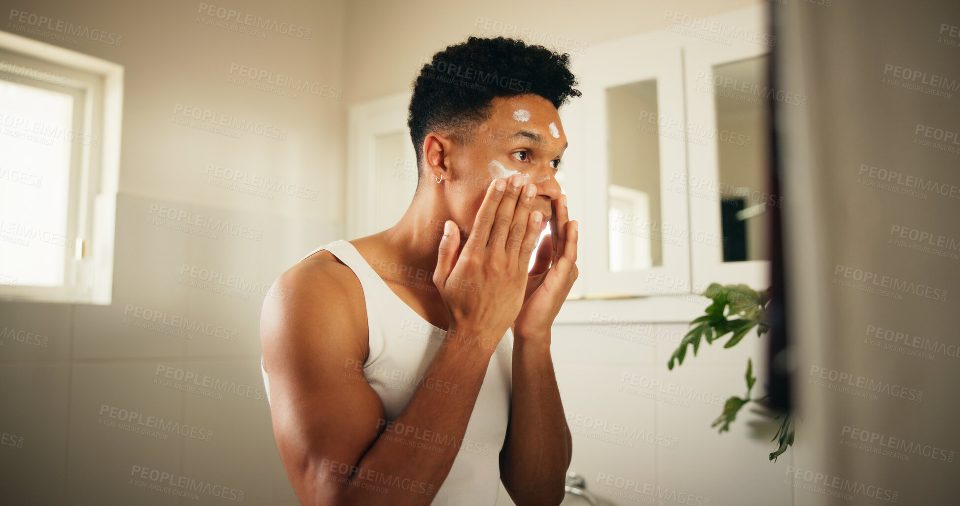 Buy stock photo Apply, mirror and man with face cream for skincare space, moisturiser or collagen in bathroom. Morning routine, product or male person in home with facial treatment, cosmetics or lotion for beauty