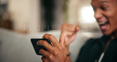 Buy stock photo Gaming, phone and fist pump with hands of man for esports streaming, cyber sport league and winner. Celebration, gamer success and app platform with closeup of person in home for online tournament