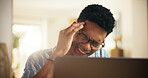 Man, headache and student by laptop for pain, burnout or medical issue while studying. Migraine, tension or pressure with male person, computer for learning or academic fatigue with brain fog in home