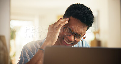 Buy stock photo Man, headache and student by laptop for pain, burnout or medical issue while studying. Migraine, tension or pressure with male person, computer for learning or academic fatigue with brain fog in home