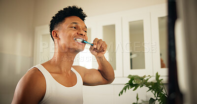 Buy stock photo Home, man and dental with toothbrush for health, oral care and mouth treatment in morning routine. Bathroom, male person and wellness with teeth whitening for gum, hygiene and grooming in apartment