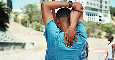 Buy stock photo Stretching, runner and back with man in stadium for marathon training, health and cardio challenge. Warm up, competition and exercise with person outdoor for fitness athlete, workout and sports