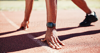 Buy stock photo Hands, start line and athlete on track for race, speed or ready for competition, contest or fitness in summer. Person, runner and smart watch for sprint, exercise and feet on circuit at sports club