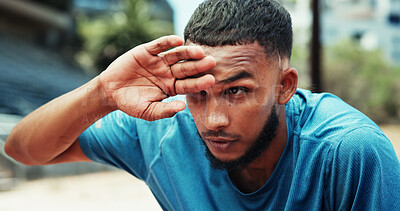 Buy stock photo Man, fitness and tired at stadium with sweat, exhausted or burnout on exercise break. Athlete, runner or outdoor in Brazil with workout fatigue, resting or cardio challenge on race track for wellness