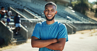 Buy stock photo Runner, man and portrait with arms crossed at stadium for competition practice, fitness workout or race training. Athlete, happy and ready for running track outdoor with exercise, confidence or pride
