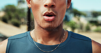 Buy stock photo Mouth, breathe and fitness with closeup in city at park for training break with rest, tired and fatigue in summer. Person, runner and athlete with exercise for marathon, burnout and exhausted in town