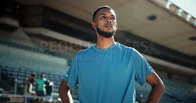 Buy stock photo Fitness, runner and man with thinking at stadium for competition practice, contemplating workout and training. Athlete, person and ready for running track outdoor with exercise reflection or marathon