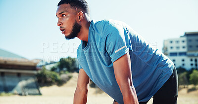 Buy stock photo Man, breathe and fitness on track, tired and rest for training break with sweat, stop and fatigue in summer. Person, runner and athlete with exercise for marathon, burnout and exhausted at circuit